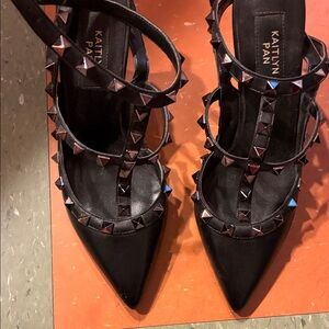 Kaitlyn Black Pyramid-Stud Strappy Pointed Heels
